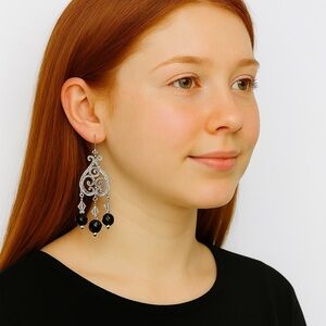 Artisan Sterling Silver Black Crystal Statement Chandelier Drop Earrings NEW